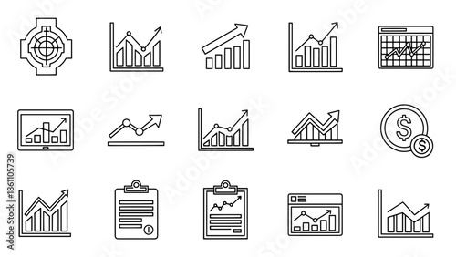 A collection of simple black and white line art icons depicting various business and financial concepts, including charts, graphs, and a target