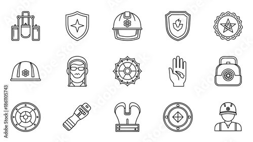 A collection of simple, black and white line drawings. They depict shields, a hard hat, a person, gears, medical tools and more