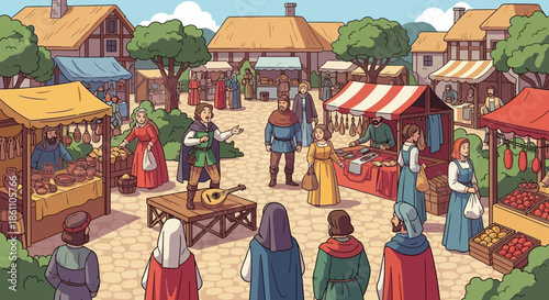 Medieval Market Scene with People Shopping.