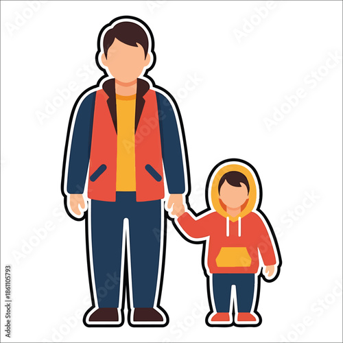 Title: A man and a child holding hands while standing next to each other in a casual setting