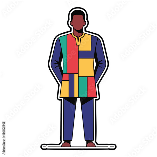 Title: A person wearing a colorful geometric patterned outfit standing with arms at sides