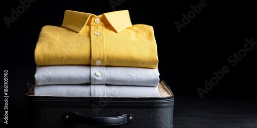 front view of folded shirts in a suitcase, with a yellow shirt on top, against a black background.