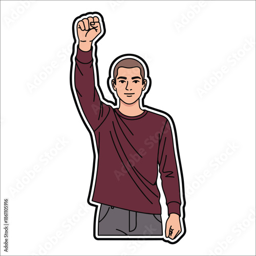 Title: A person with short hair wearing a maroon long-sleeved shirt raising their right fist in a
