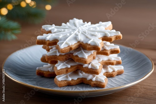 gingerbread snowflake cookies with cream cheese frosting, stacked on a plate