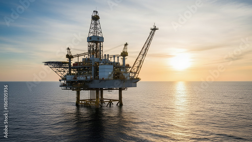 Offshore Oil Rig Platform Operating in Open Sea at Sunset Energy Industry Photography