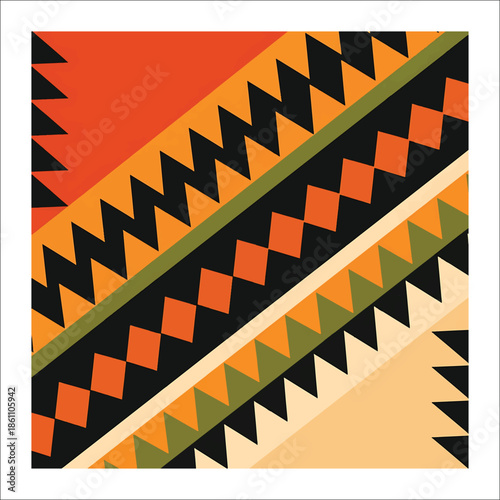 Title: A vibrant geometric pattern with zigzag lines in red, orange, black, and green on a white