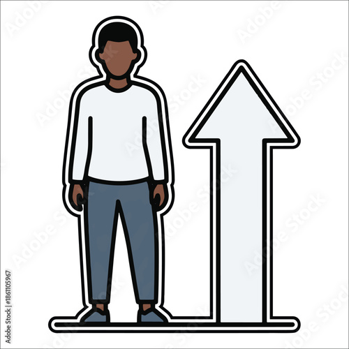 Title: A simple of a person standing next to a large upward-pointing arrow on a white background