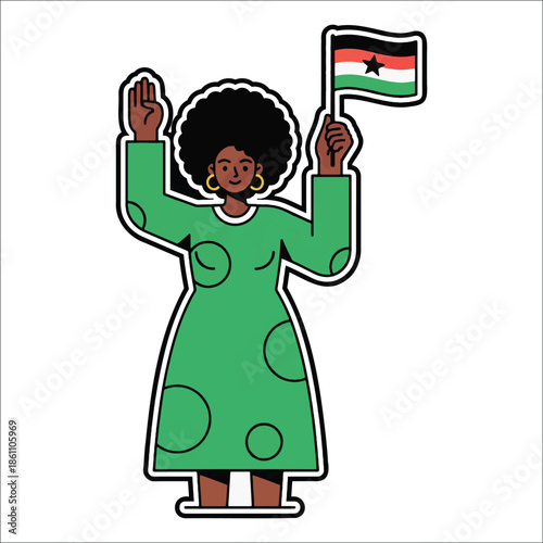 Title: A woman in a green dress holding a flag with three horizontal stripes and a star in the