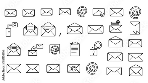 A collection of simple black and white line art illustrations of envelopes, email symbols, and related communication elements
