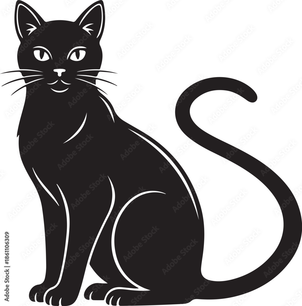 Obraz premium Elegant Black Cat Sitting Silhouette Vector Illustration Icon