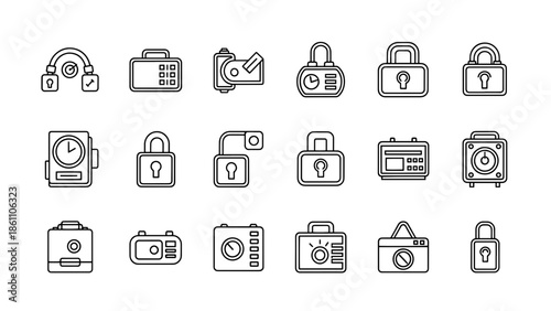 A collection of simple black and white line art icons depicting various closed and open locking mechanisms and devices. Each features a minimalist style