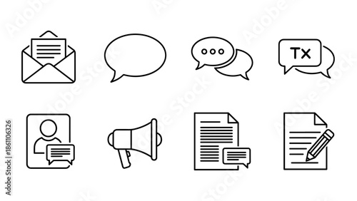 A collection of simple black and white line art icons depicting various communication and informational elements