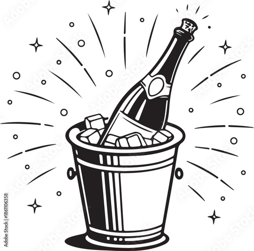 Sparkling Celebration: Champagne in Ice Bucket Line Art Vector Icon