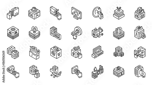 A collection of simple black and white isometric illustrations depicting various technological devices and interfaces