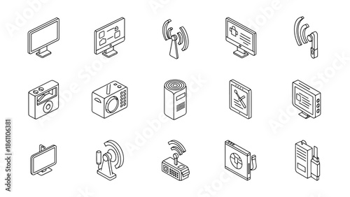 A collection of simple black and white isometric illustrations depicting various technologies, including radios, screens, and wireless communication devices