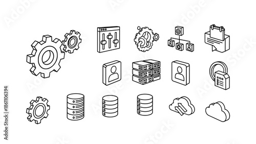 A collection of simple black and white isometric illustrations depicting various tech-related symbols and components