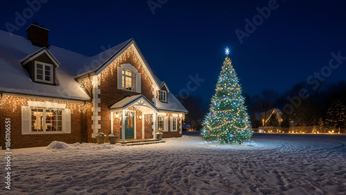 Cozy House With Christmas Tree Snowy Winter Night Scene