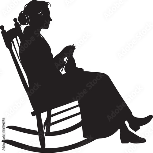 Vintage silhouette of a woman knitting while sitting in a classic rocking chair
