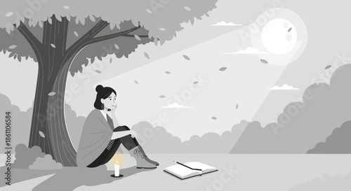 Woman Reading Book Under Tree Illustration.