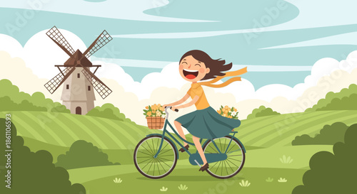 Woman Riding Bicycle with Windmill Background.