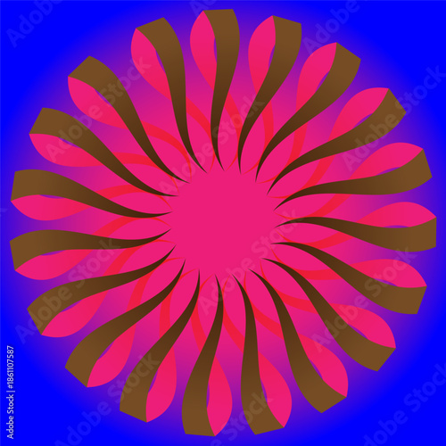 Blue background with a circular ornament in the shape of a pink flower. Kaleidoscope pattern for design.