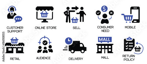Shopping icon set. Online shopping, store, delivery, promotion and shopping cart symbol. Solid icons vector collection.