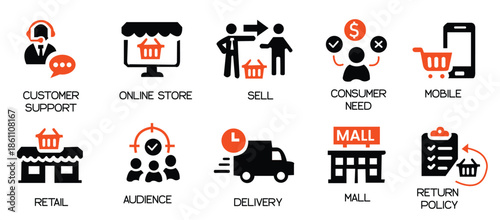 Shopping icon set. Online shopping, store, delivery, promotion and shopping cart symbol. Solid icons vector collection.