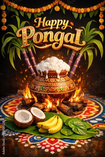 Traditional Pongal festival celebration with decorated pot and harvest offerings