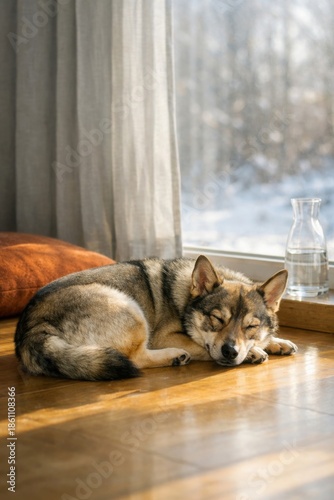 Swedish Vallhund resting indoors in sun warmed winter home near window