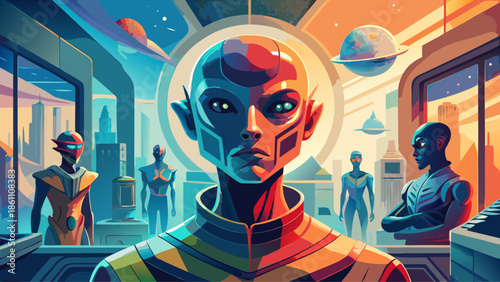 Very beautiful conceptual vector art of a humanized alien exploring human emotions, identity, and belonging, with expressive posture and subtle sci-fi details, modern artistic composition.