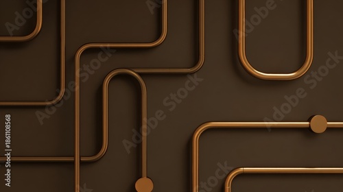 Abstract design with curved copper pipes on a dark brown background creating a modern artistic pattern suitable for contemporary decor and design projects.