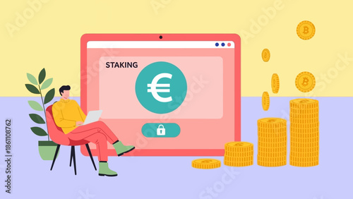 Person sitting next to a large browser window displaying a staking interface with euro symbol and coins.