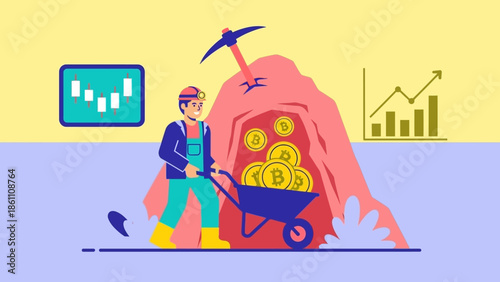 Man mining cryptocurrency with pickaxe and wheelbarrow full of Bitcoins.