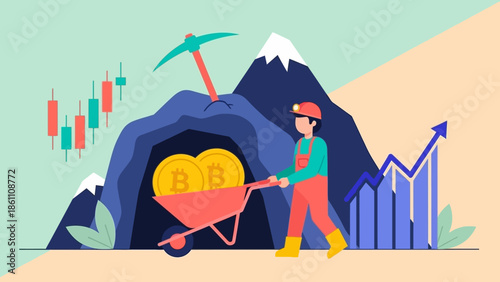 Illustration of cryptocurrency mining with bitcoin symbol.