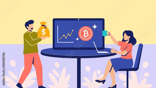 Man and woman analyzing Bitcoin graph on laptop screen together.