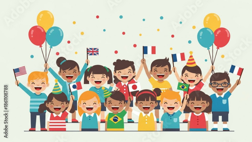 Diverse group of happy children holding international flags and balloons in a colorful celebration of global unity and friendship