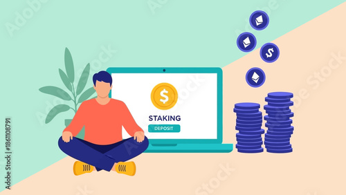 Man meditating with laptop and coins, illustrating financial growth and investment.
