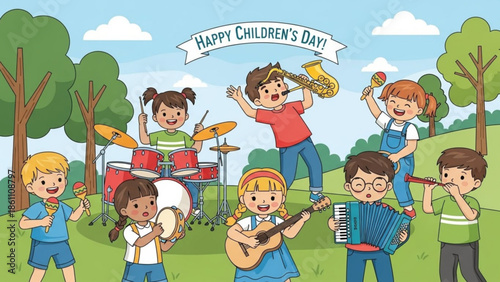 Group of happy children playing various musical instruments together outdoors in a park on a sunny day with trees and blue sky