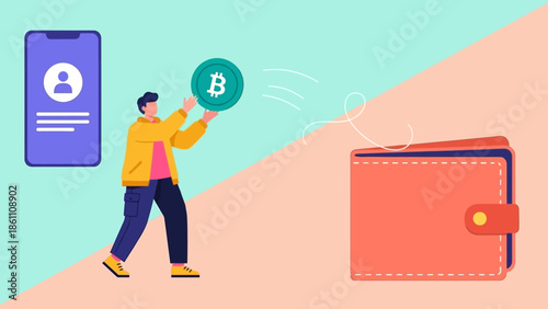 Person holding Bitcoin symbol near phone and wallet.