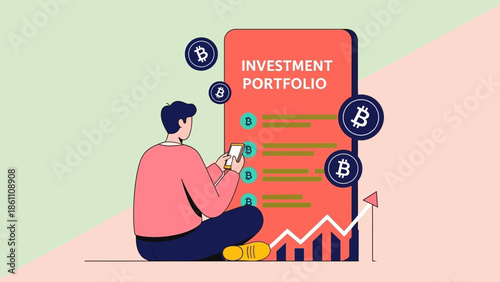 Man analyzing investment portfolio on large smartphone screen with Bitcoin symbols.