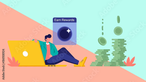 Man Relaxing with Laptop and Earning Rewards with Stacks of Money.