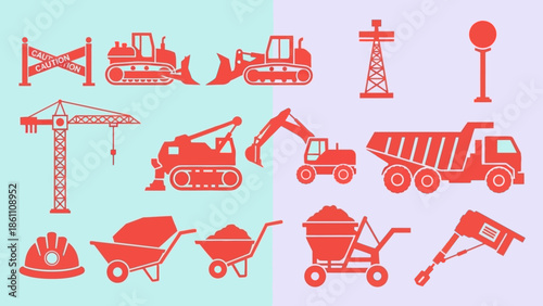 Construction Equipment and Tools Icons Set.