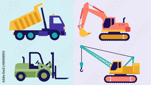Heavy machinery vehicles including dump truck and excavator.