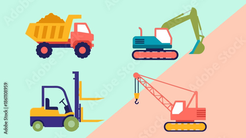 Colorful illustration of various heavy construction machinery vehicles.