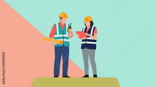 Two construction workers collaborating on a project.