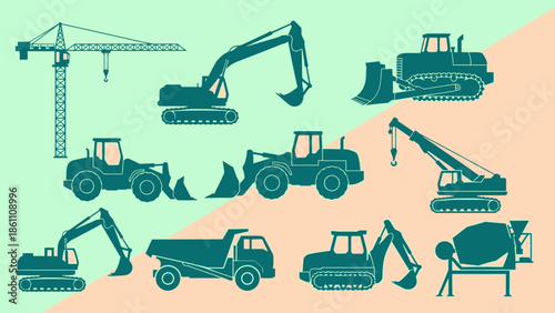 Construction Equipment Silhouettes on Gradient Background.
