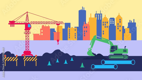 Construction Site with Crane and Excavator in Urban Landscape.