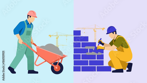 Construction workers building a brick wall with tools and materials.