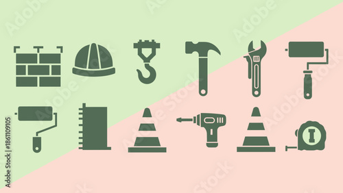 Collection of construction tools and equipment icons.