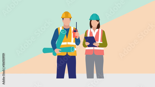 Two construction workers in safety gear standing together.